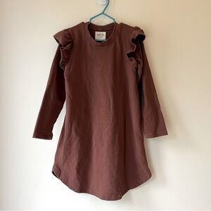Sem Organic Cotton Ruffle Shoulder Dress 8Y Made in Canada Brown Long Sleeve